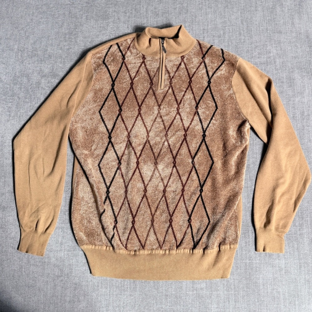 Cigar Couture Mens Tan Brown Argyle Quarter Zip Sweater Size Large Textured Knit